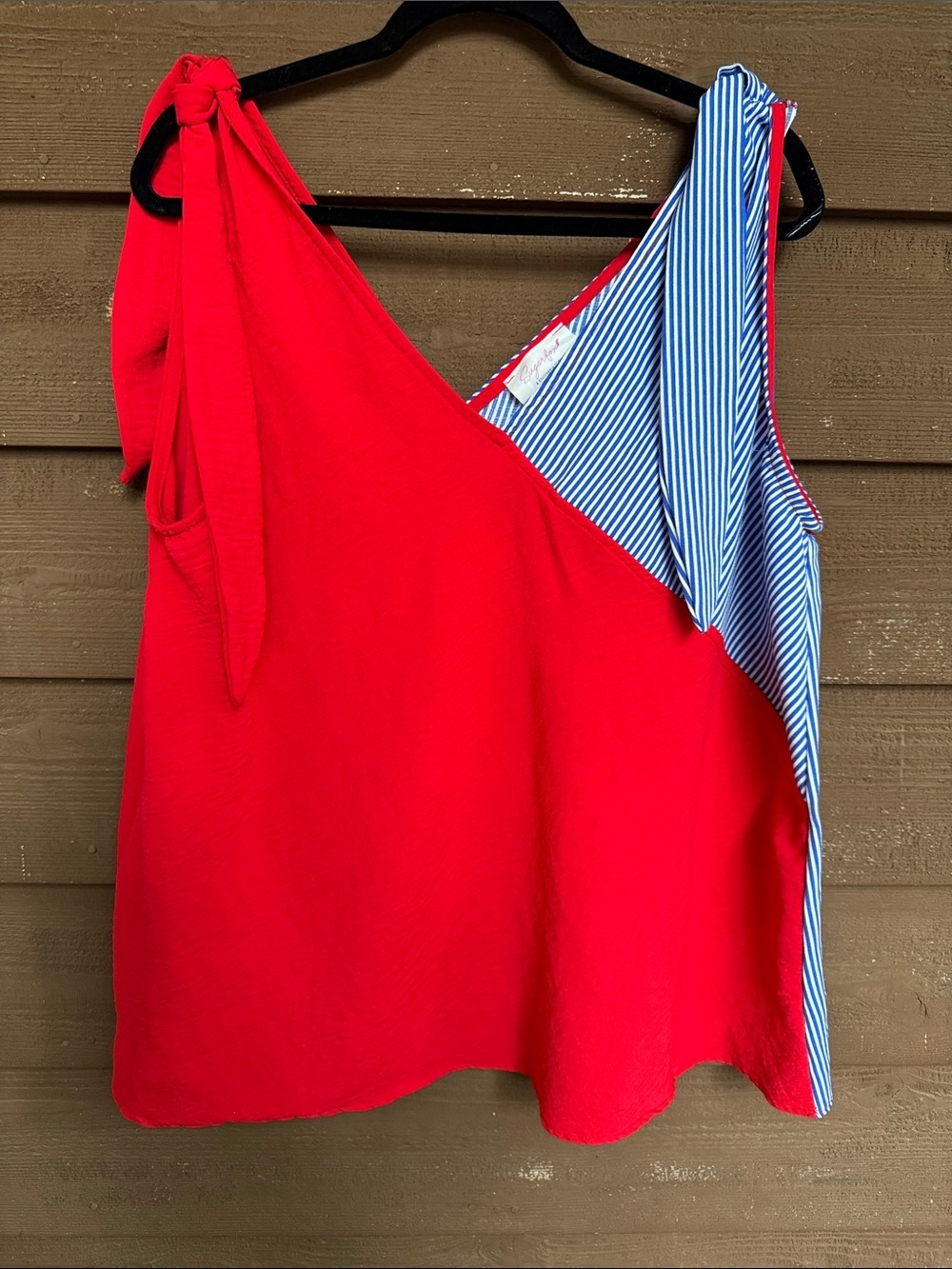 Sugarfox Shoulder Tie-Shoulder Tank with Blue-White Stripe Accent size 1X